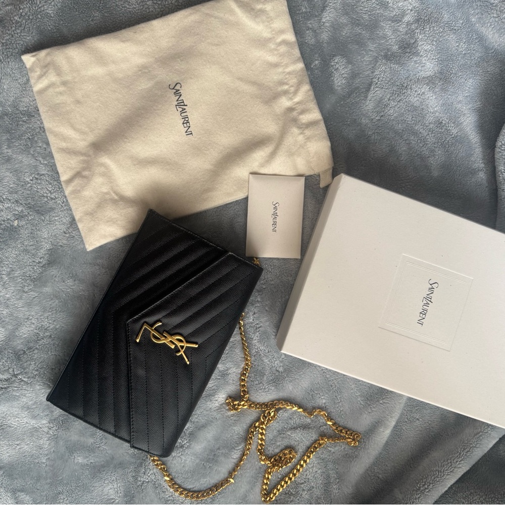 Saint Laurent Quilted Black Clutch with Gold Chain